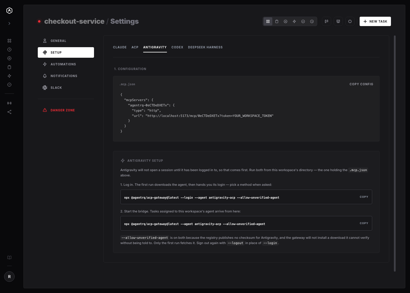 The Antigravity tab in AgentRQ Workspace Settings, showing the .mcp.json block and the two gateway commands