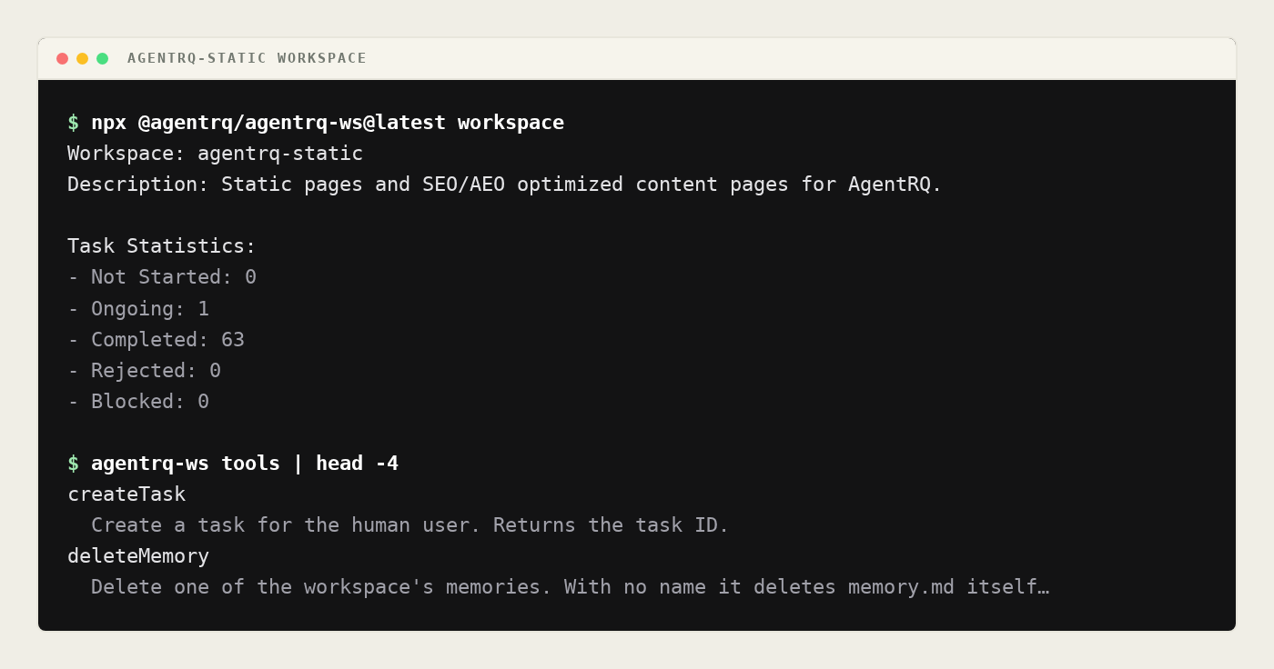 A terminal running agentrq-ws against the workspace this post was written in: the workspace command printing the title, mission and task statistics, and the tools command piped into head