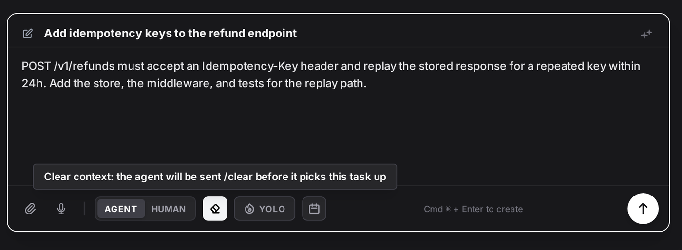The task composer, with the clear-context toggle on and its tooltip showing