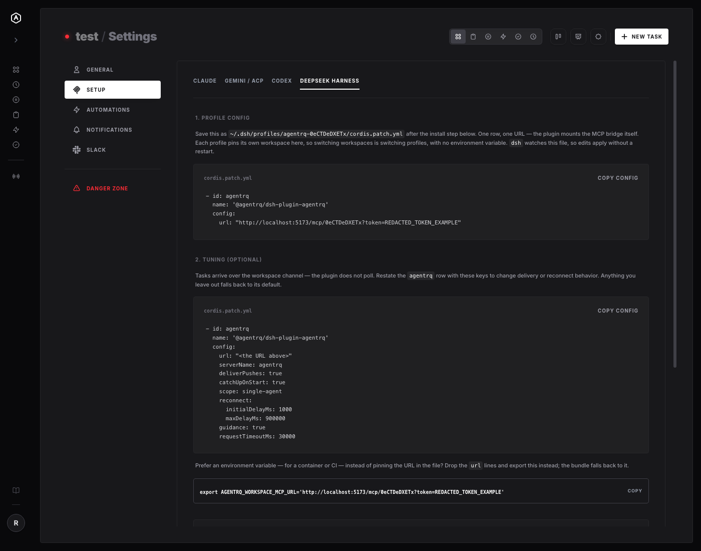 DeepSeek Harness tab in AgentRQ Workspace Settings, showing the copyable cordis.patch.yml config