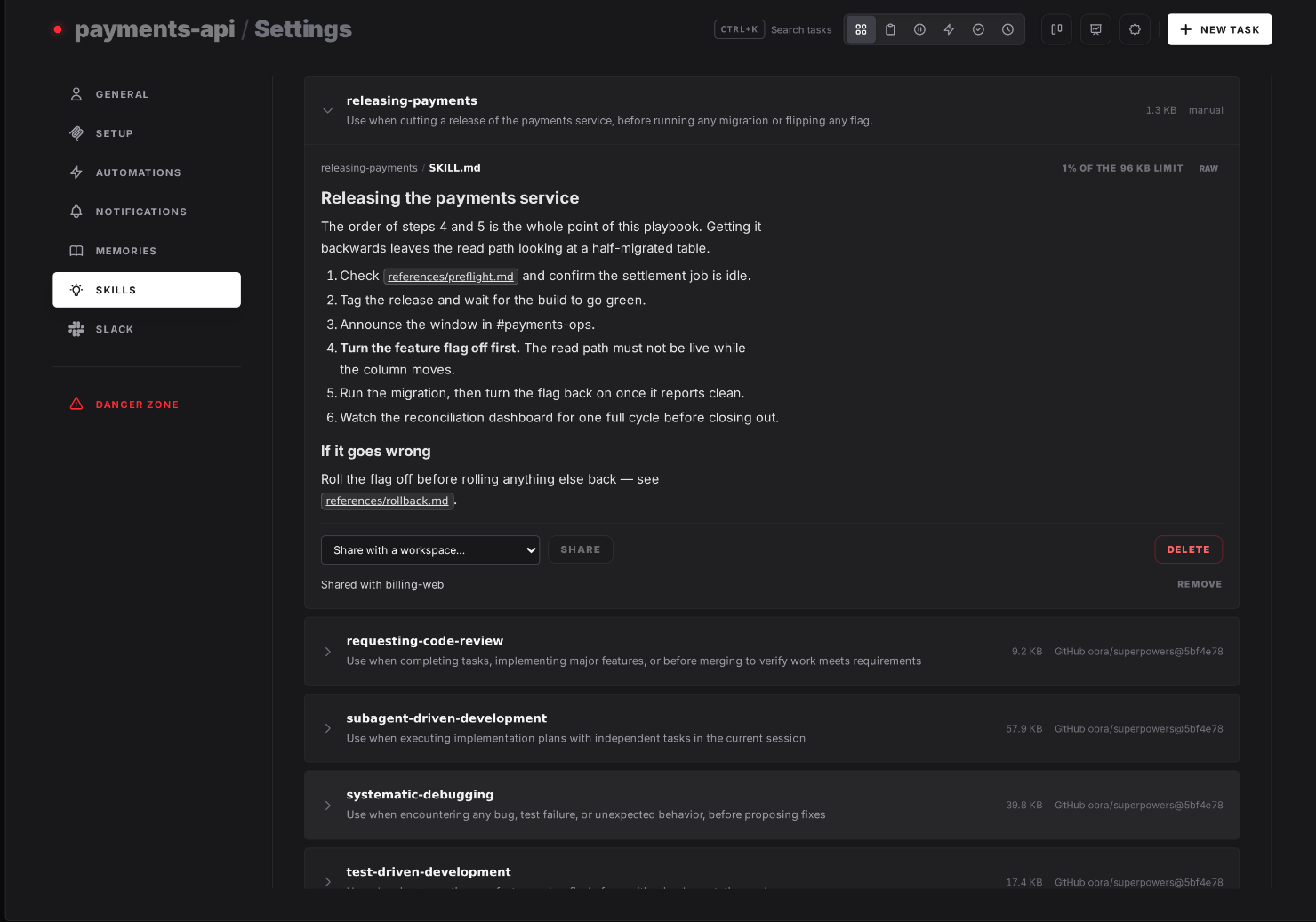 A skill open in the Skills tab, showing the SKILL.md for releasing-payments with its steps, clickable references to preflight.md and rollback.md, a size readout of 1% of the 96 KB limit, and a share control showing it is shared with the billing-web workspace