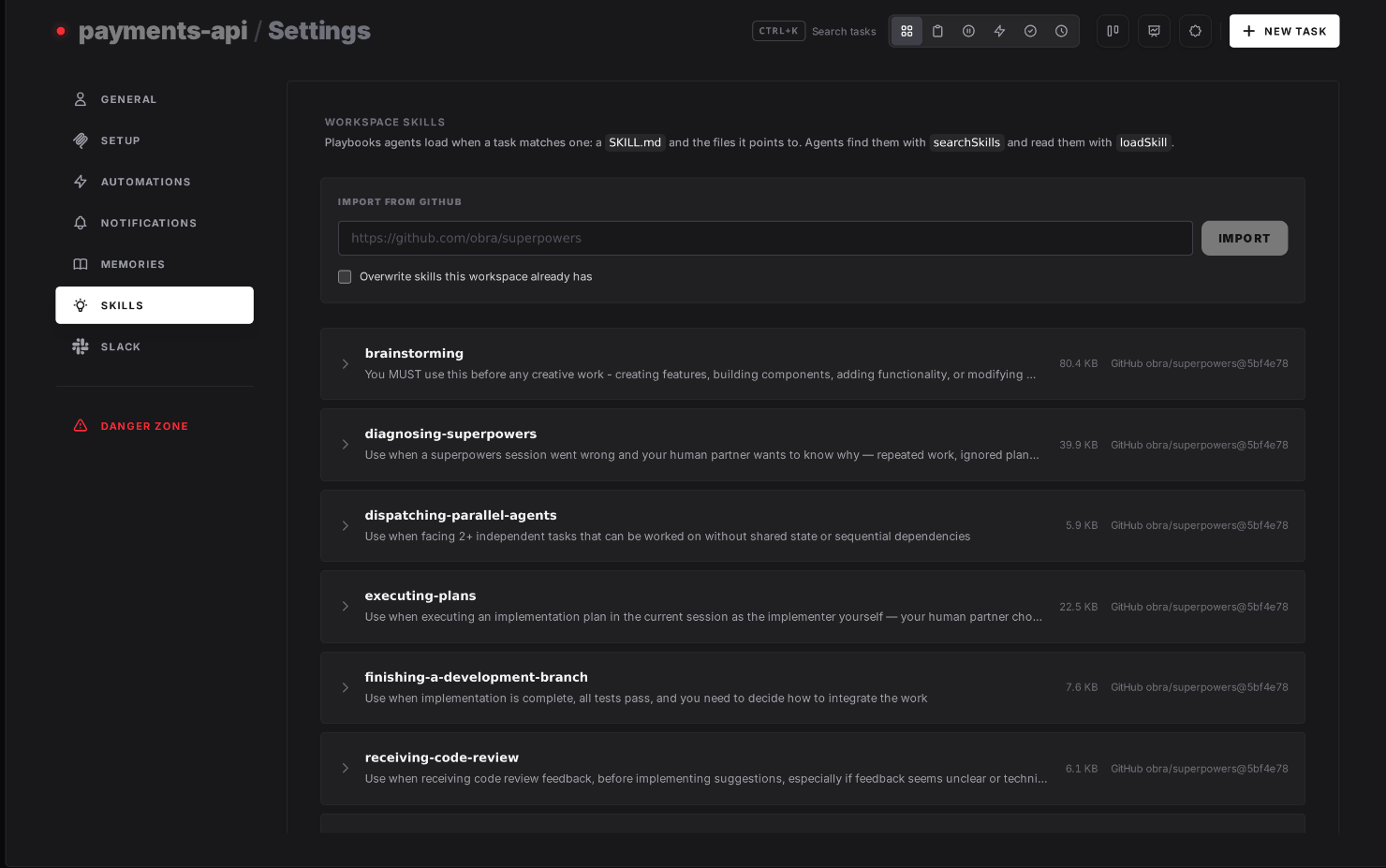 The Skills tab in an AgentRQ workspace's settings, listing skills imported from obra/superpowers with their descriptions, sizes and source commit, above a field for importing more from GitHub