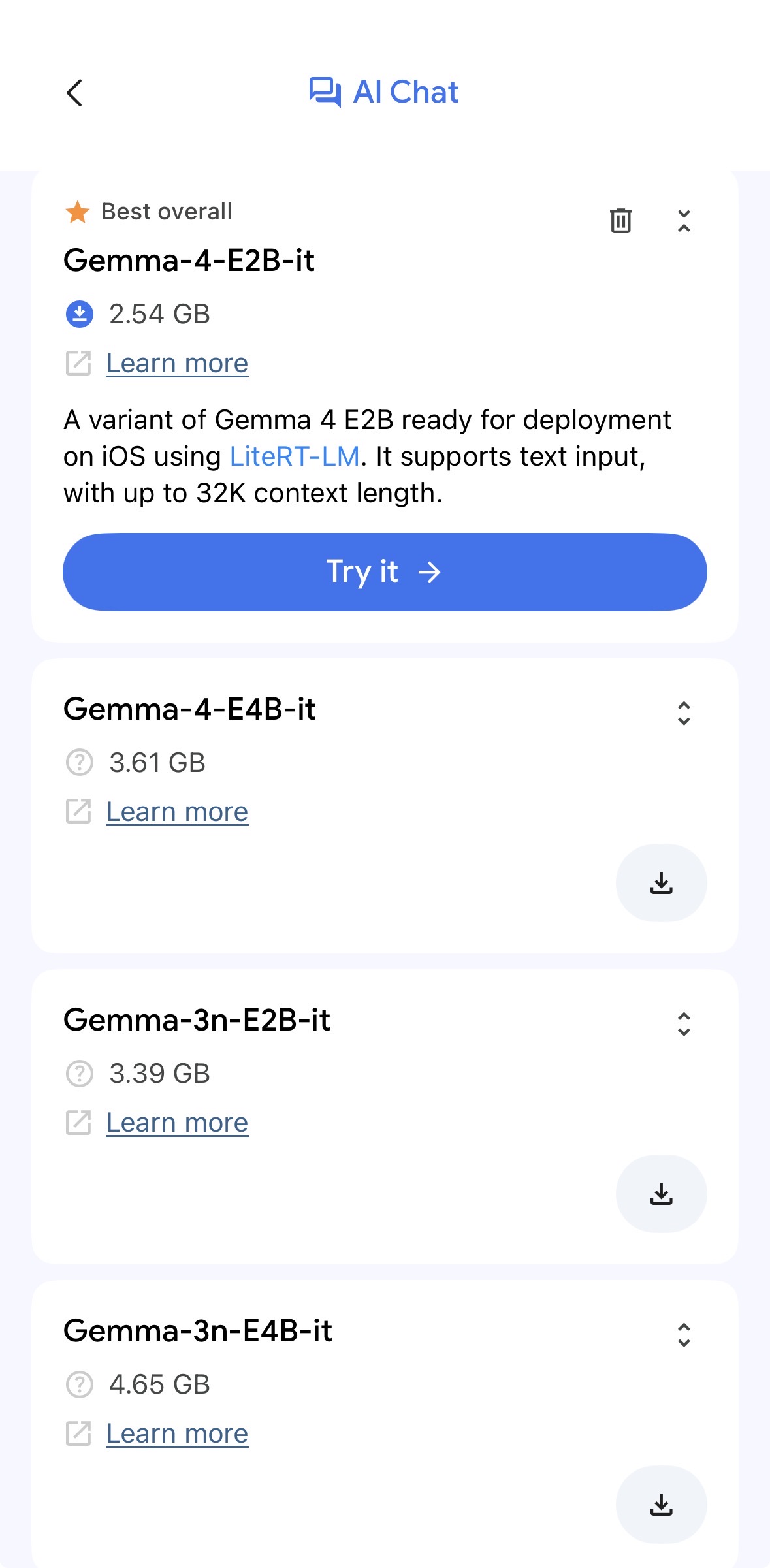 Google AI Edge Gallery model selection screen showing Gemma-4-E2B-it (2.54 GB, Best overall) and other Gemma 4 variants available to download on iPhone