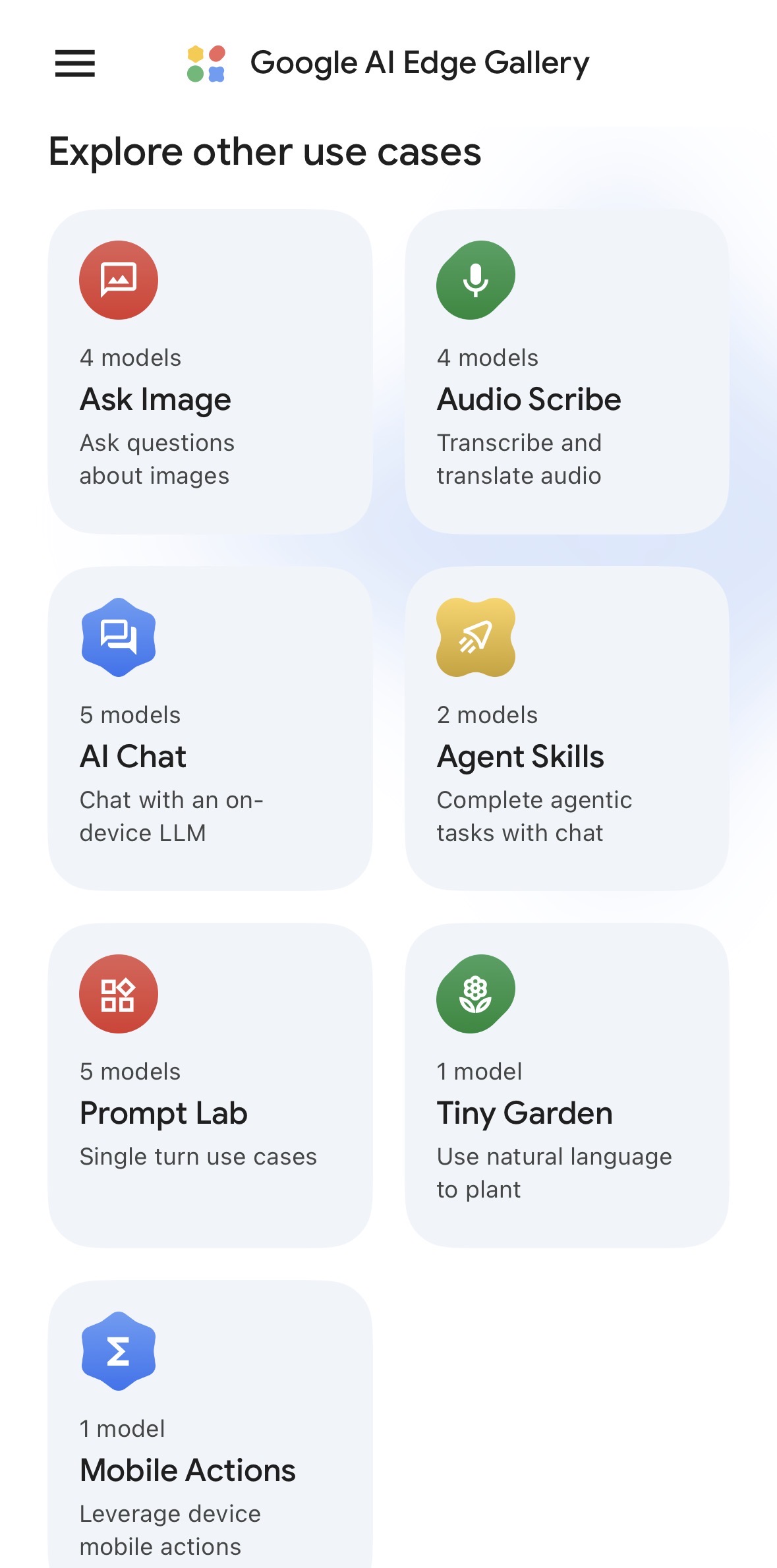 Google AI Edge Gallery home screen showing all use cases: Ask Image, Audio Scribe, AI Chat, Agent Skills, Prompt Lab, Tiny Garden, and Mobile Actions