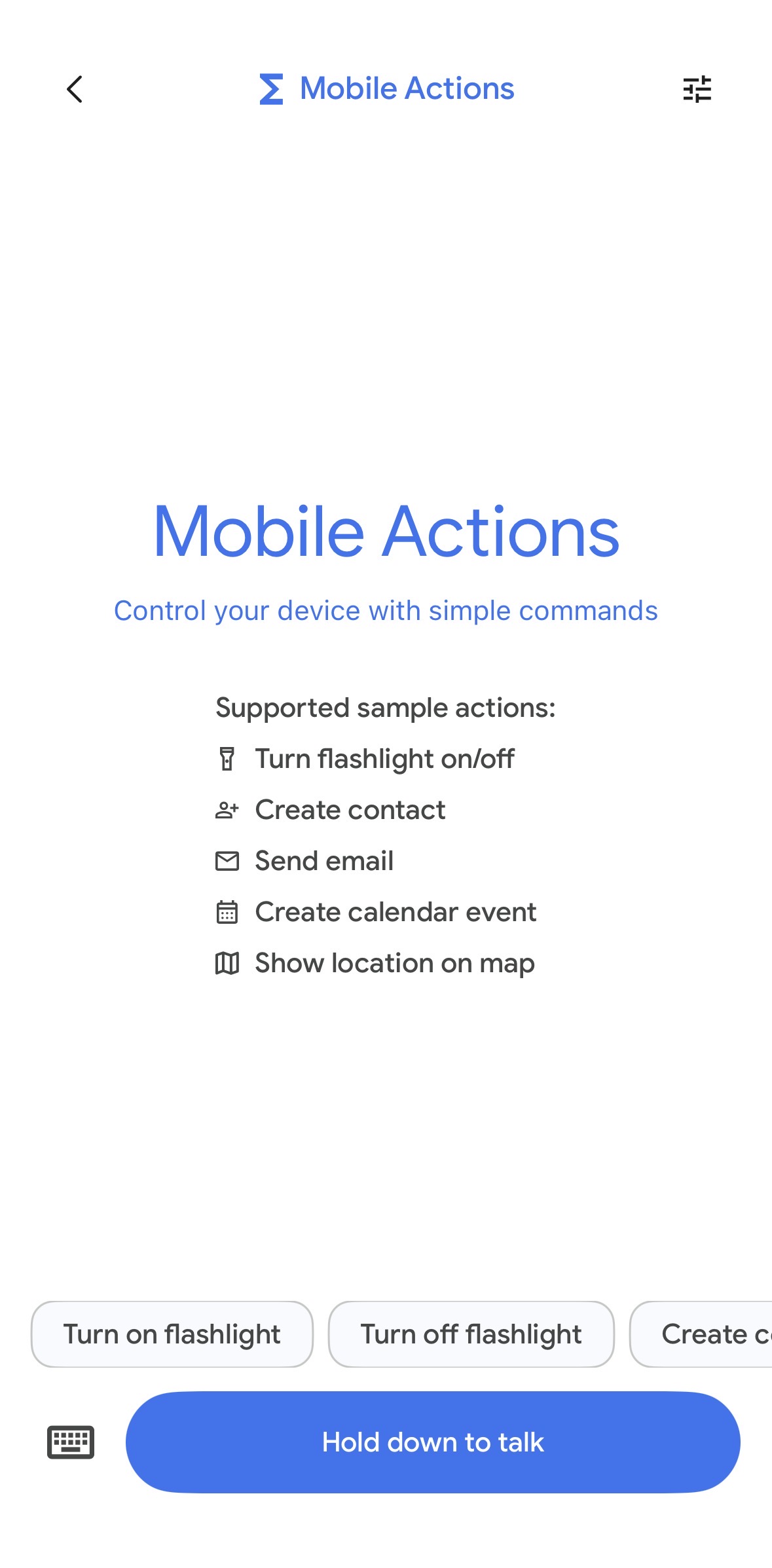 Google AI Edge Gallery Mobile Actions screen showing supported device control actions: turn flashlight on/off, create contact, send email, create calendar event, show location on map