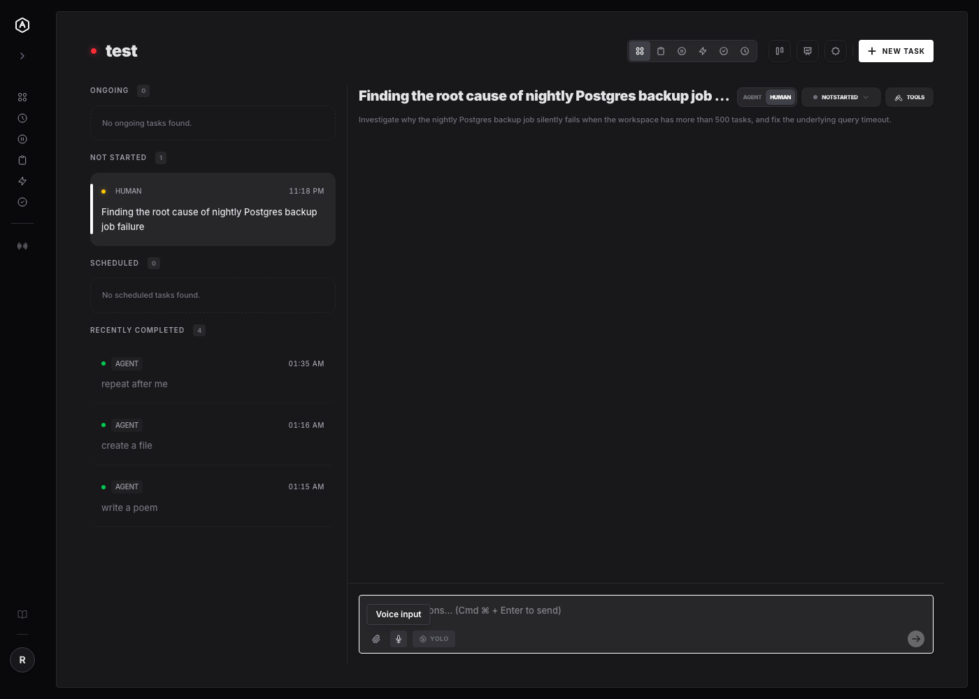 Voice input button in the AgentRQ task composer