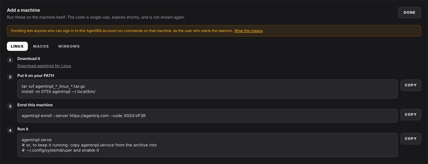 The add-machine panel: install steps, and the warning before them