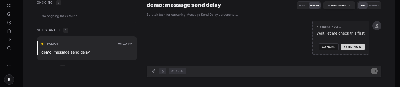 The composer showing a countdown, with Send Now and Cancel buttons, while the message hasn't been delivered yet