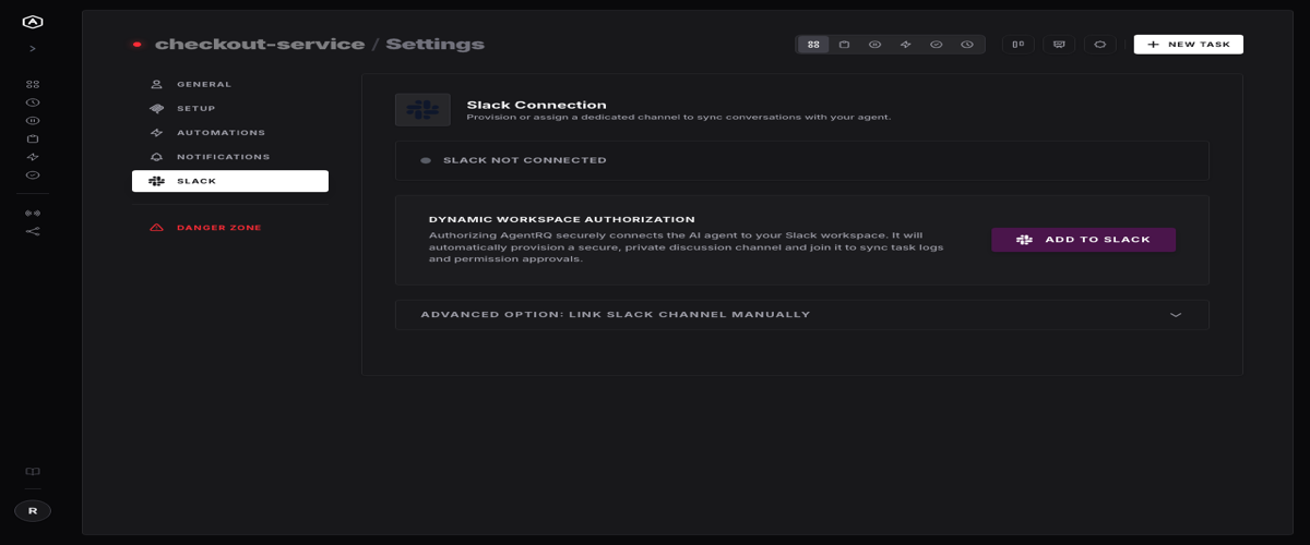 The Slack Connection panel in AgentRQ workspace settings — authorizing provisions a private channel and joins it automatically