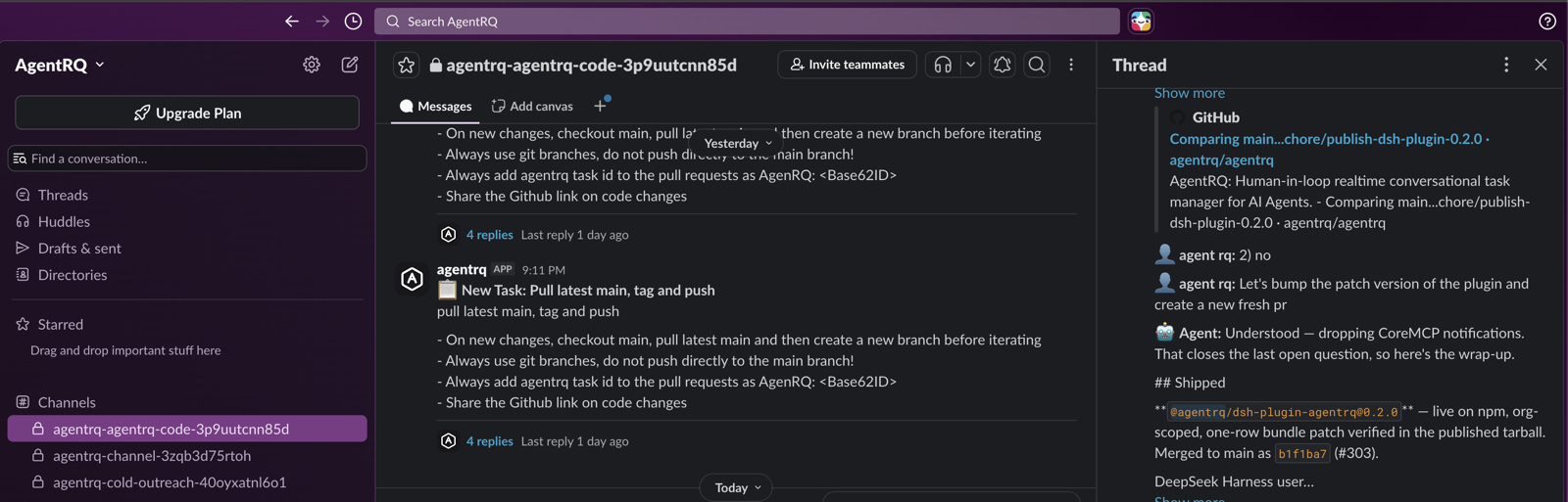 A shared AgentRQ workspace channel in Slack — task threads, replies, and a linked GitHub PR, all visible to the whole team