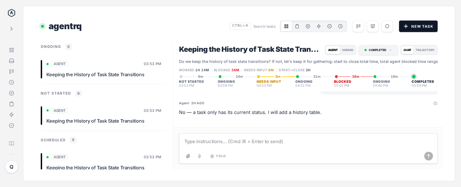 A completed AgentRQ task with its timeline under the description: not started 6m, ongoing 24m, needs input 8m, ongoing 31m, blocked 38m, ongoing 19m, completed. The totals above read worked 1h 14m, blocked 38m, needs input 8m, start to close 2h