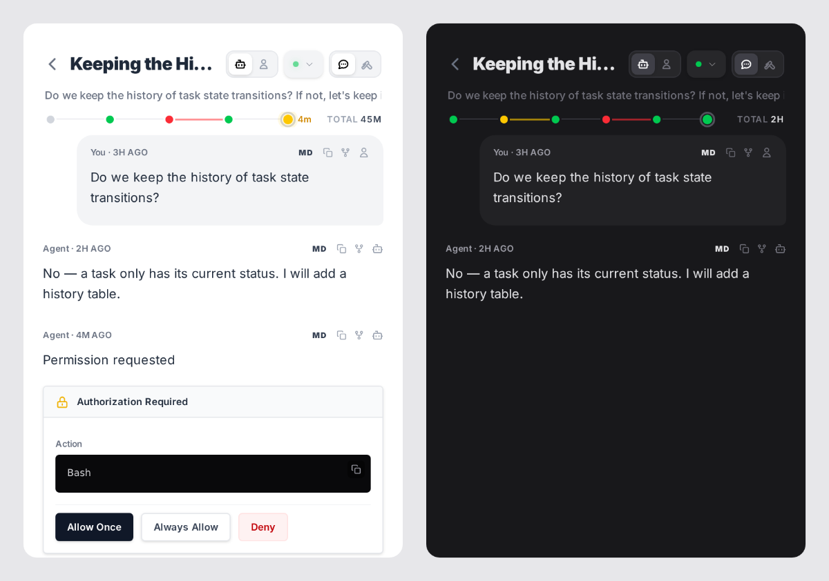 Two phone screenshots side by side. Left, light mode: a single-line timeline ending on a yellow needs-input dot at 4m, total 45m, above a permission request. Right, dark mode: a completed task's single-line timeline, total 2h