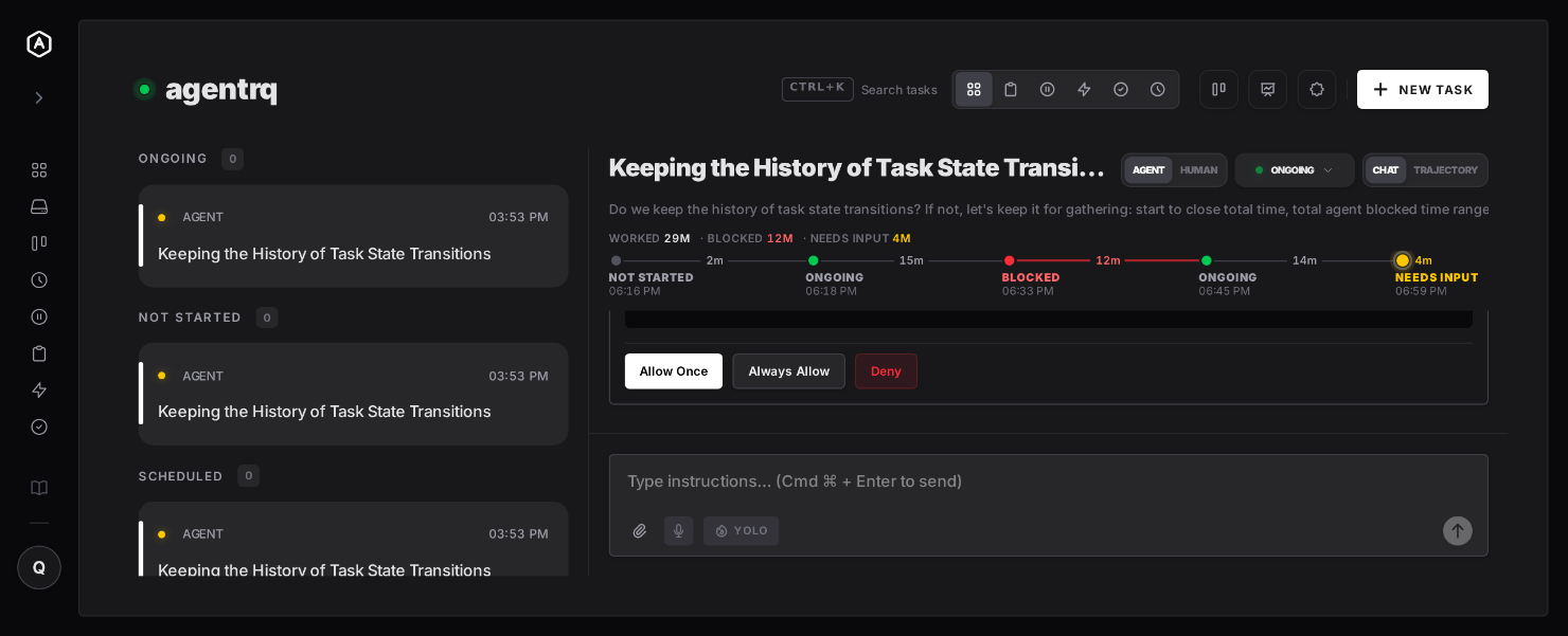 An ongoing task in dark mode, waiting on a permission request. The timeline ends on a pulsing yellow 