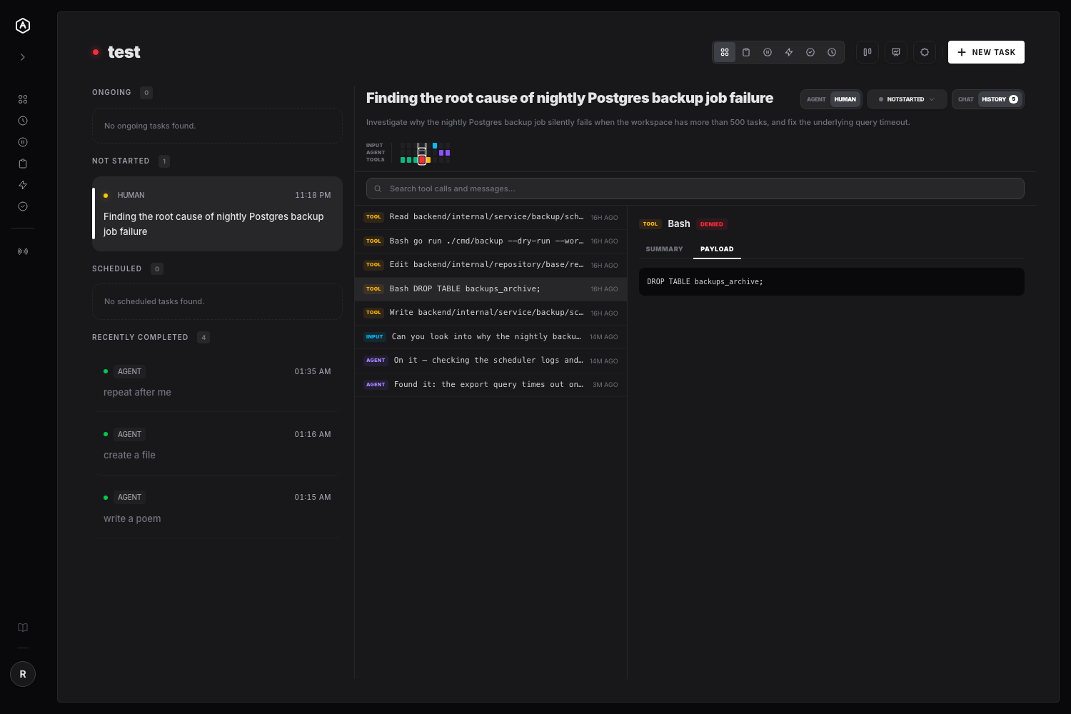 Tool call history trajectory panel, showing the minimap, unified timeline, and a denied Bash command's payload