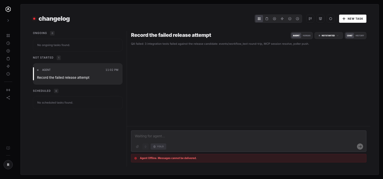 The branch task in the changelog workspace, carrying the publisher's payload about which tests failed