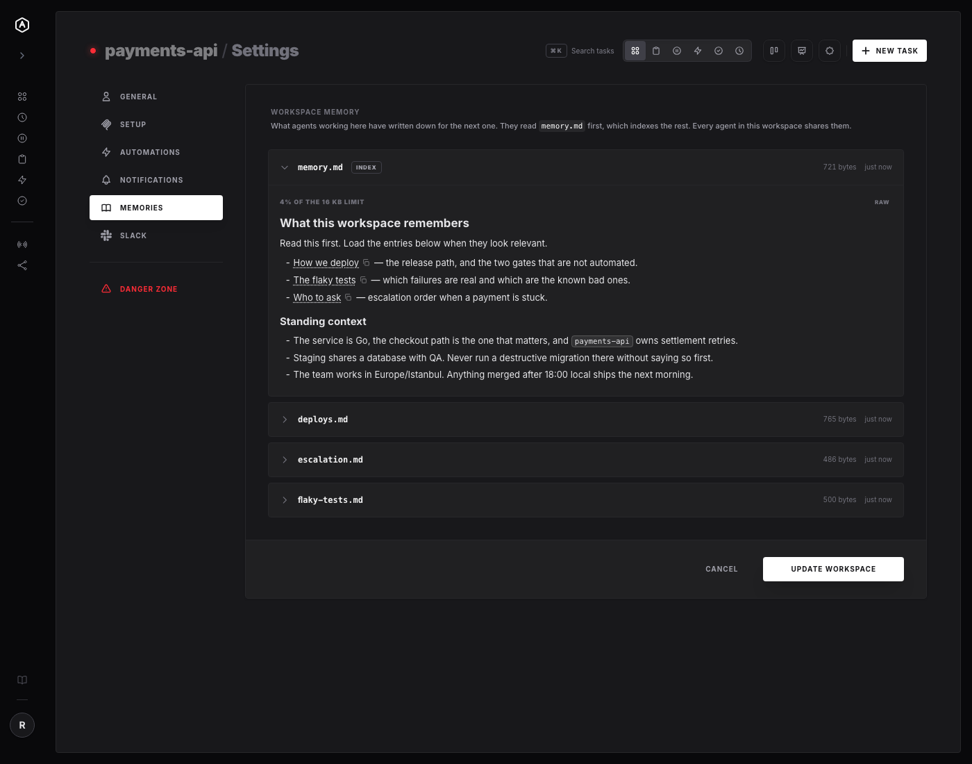 The Memories tab in AgentRQ workspace settings, showing memory.md marked as INDEX and expanded, with linked entries for deploys, flaky tests and escalation, plus standing context about the service