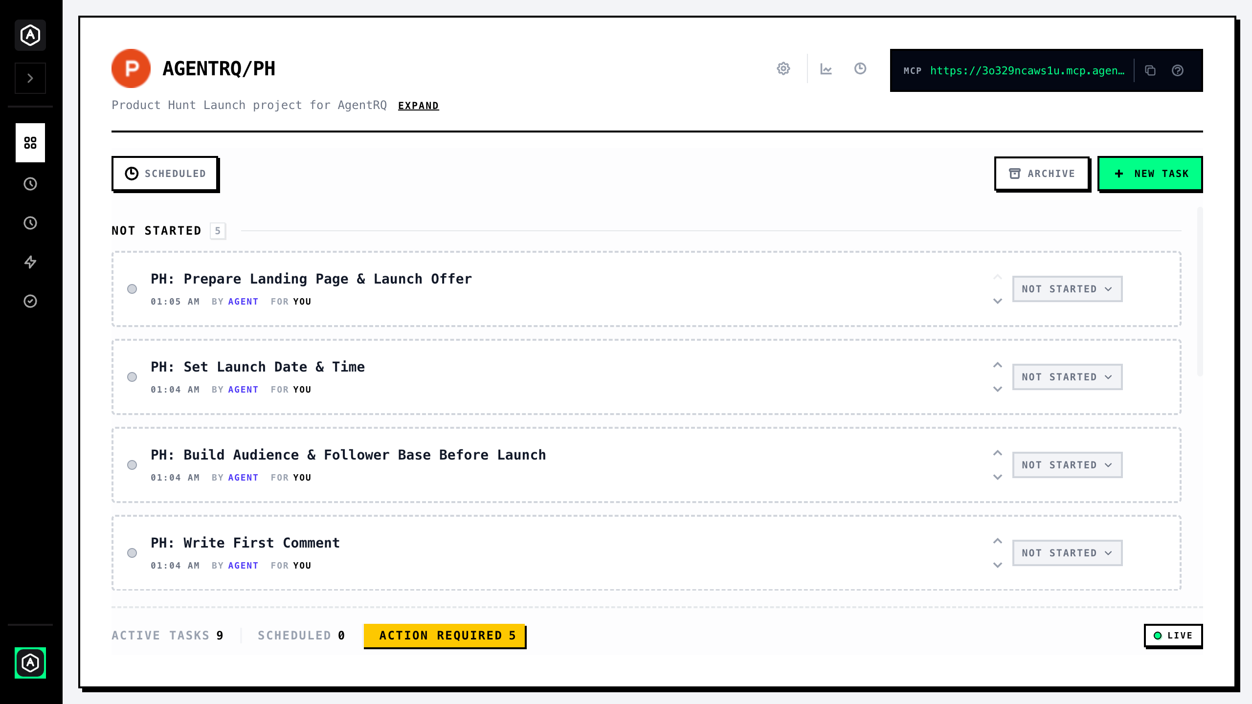 AgentRQ tasks screen showing incoming agent tasks