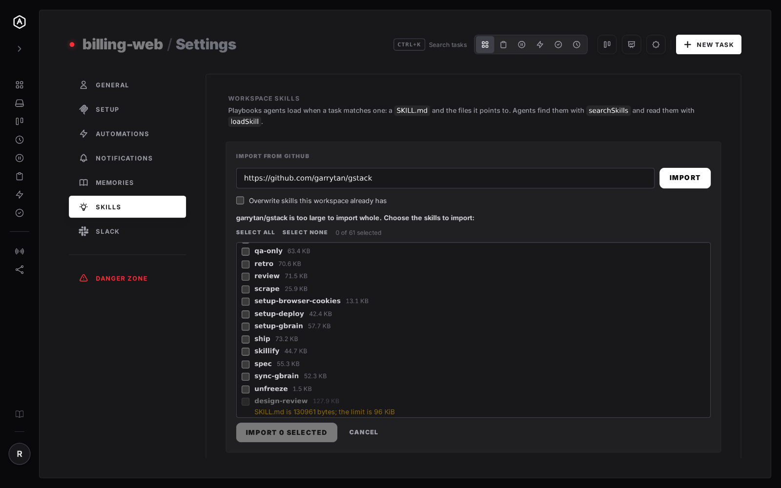 The GitHub import picker for a repository too large to import whole, listing its skills with checkboxes and sizes, one greyed out with the reason its SKILL.md exceeds the 96 KiB limit