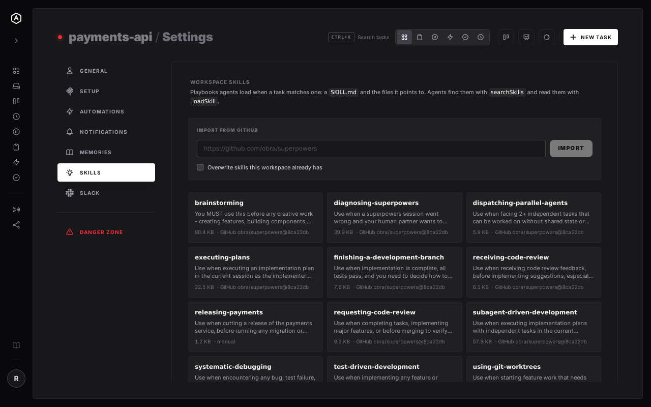 The Skills tab in AgentRQ workspace settings, showing a workspace's skills as a grid of cards with their descriptions and sizes, each stamped with the GitHub repository and commit it was imported from