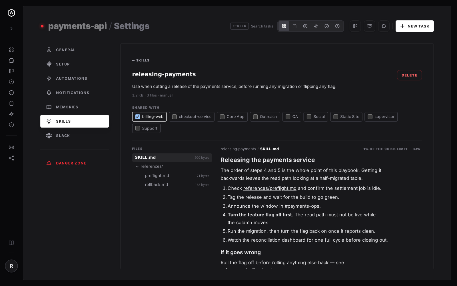 A skill's own page in settings, showing its SKILL.md with clickable references to preflight.md and rollback.md, its file tree, and the workspaces it can be shared with, billing-web ticked