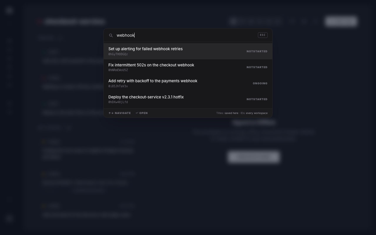 The AgentRQ task finder opened with Cmd+K, filtering tasks as you type