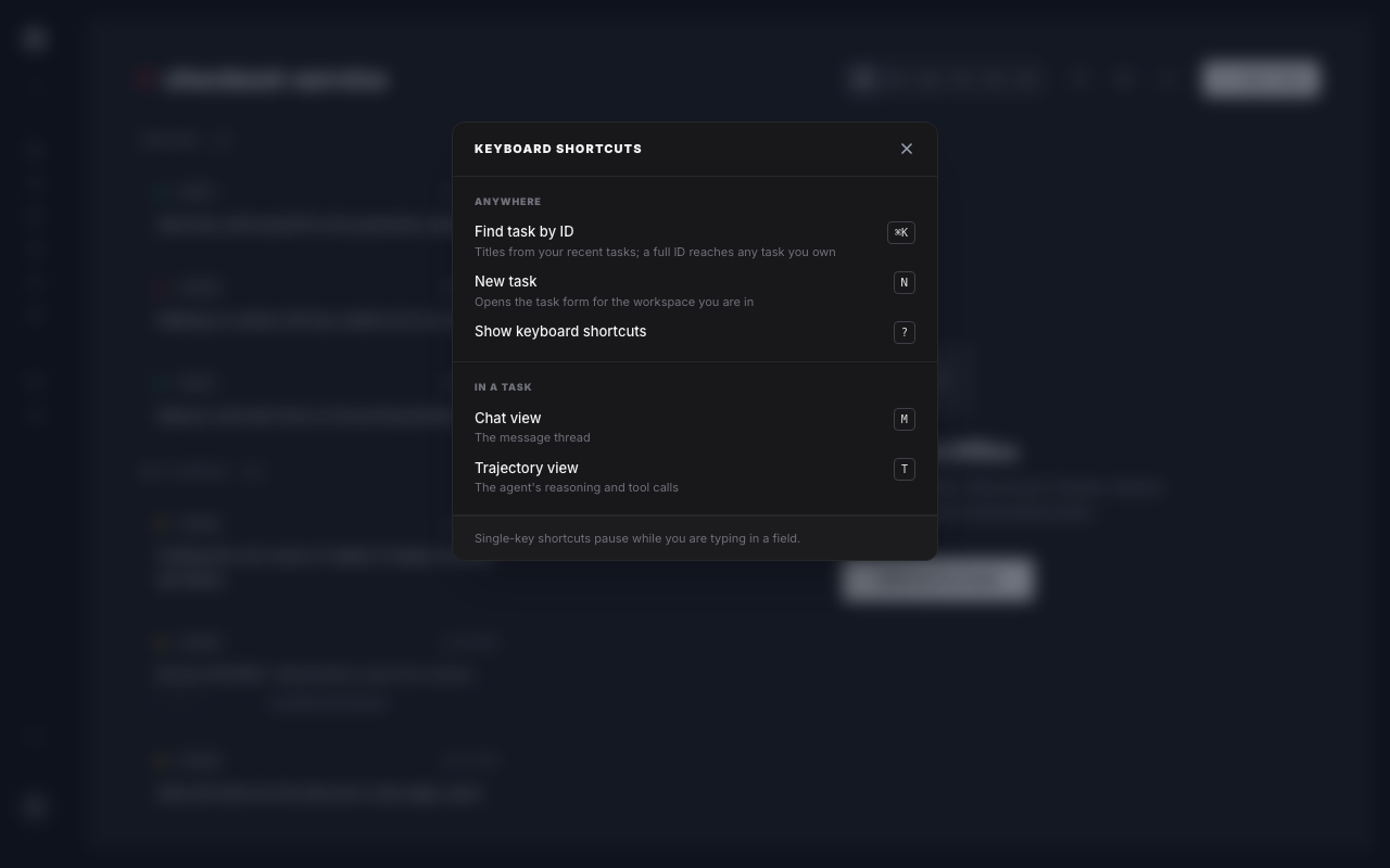 AgentRQ keyboard shortcuts sheet listing the Anywhere and In a task groups