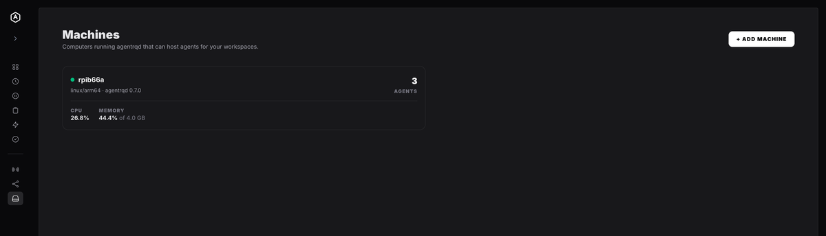 The AgentRQ machines list showing an online host with its agent count and resource readings