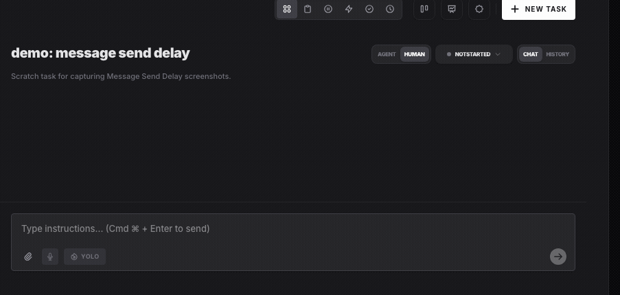 AgentRQ composer showing a Message Send Delay countdown with Send Now and Cancel