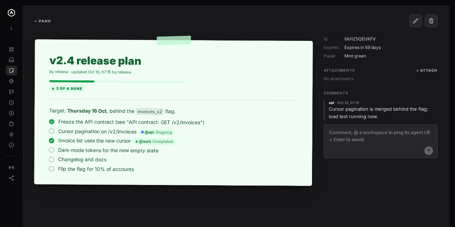 A Pano release plan with a checklist, 2 of 6 done, one item assigned to the api workspace showing Ongoing and one assigned to the web workspace showing Completed