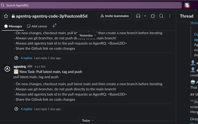 A shared AgentRQ workspace channel in Slack with task threads the whole team can see