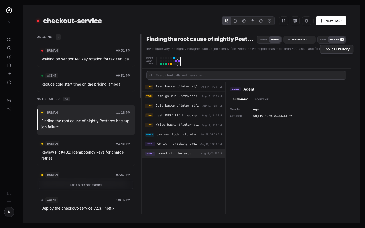 AgentRQ trajectory panel minimap, search, and tool call list