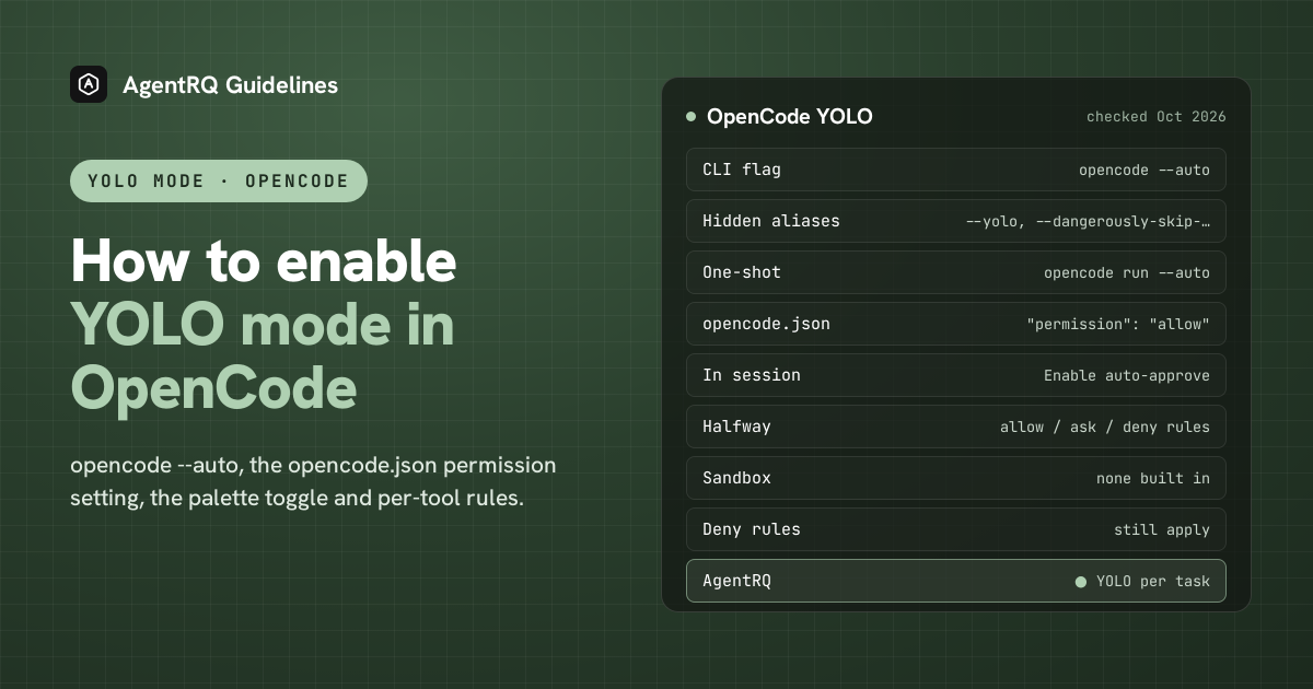 OpenCode YOLO mode at a glance: opencode --auto, permission allow in opencode.json, the command palette toggle, and per-task YOLO in AgentRQ